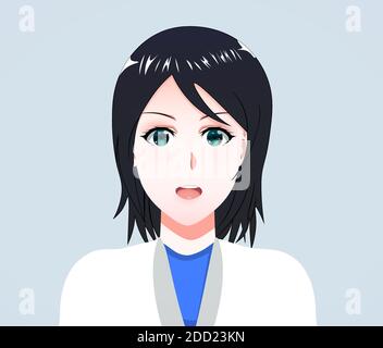 Cartoon volto di una donna dottore. Un insieme di ragazze di medici con emozioni diverse sui loro volti. Set di espressioni Vector Cartoon ANIME Style. Disegnato Illustrazione Vettoriale