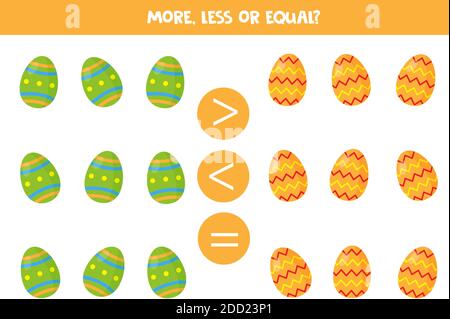 Più, meno o uguale gioco con uova di Pasqua. Gioco di matematica per bambini. Illustrazione Vettoriale