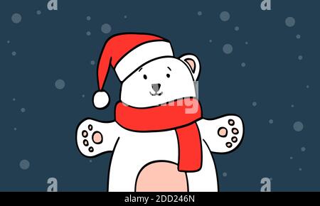 Carino orso polare augura buon Natale e Felice Anno Nuovo. Un orso bianco disegnato a mano che indossa un cappello rosso di babbo natale e una sciarpa rossa è simpatico sorridente e h Illustrazione Vettoriale