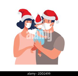 Capodanno e Natale 2021 durante la pandemia del coronavirus, famiglia che indossa cappelli Santa e maschere mediche. Illustrazione vettoriale del cartone animato isolata su sfondo bianco Illustrazione Vettoriale