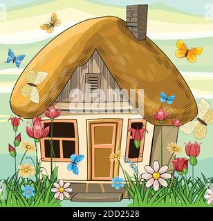 Vecchia casa giardino con tetto di paglia. Favoloso oggetto cartoon. Carino stile infantile. Antica dimora. Minuscolo, piccolo. Sullo sfondo di un Illustrazione Vettoriale
