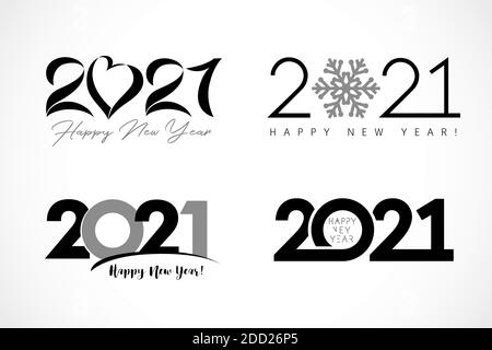 Grande set di logo 2021 testo design. Collezione di etichetta Happy New Year e modello di biglietto d'auguri Happy Holidays. Illustrazione vettoriale isolata in bianco Illustrazione Vettoriale