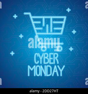 scritta cyber monday al neon con carrello Illustrazione Vettoriale