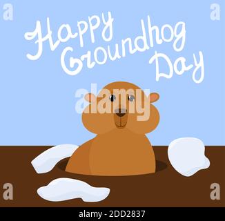 Groundhog giorno vettore cartoon sfondo con cute marmotta e lettere su cielo blu. Tradizionale carattere di vacanza Illustrazione Vettoriale
