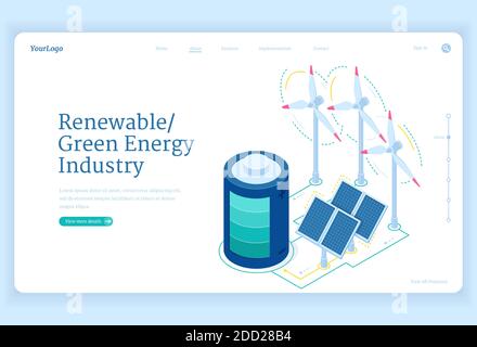 Landing page isometrica dell'industria dell'energia verde rinnovabile. Concetto di sviluppo sostenibile con turbine eoliche, pannelli solari e batteria, protezione dell'ambiente, conservazione 3d vetector banner web Illustrazione Vettoriale