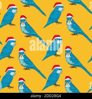 Senza cuciture natale motivo sfondo giallo con pappagallo blu con rosso cappello e agrifoglio di natale Illustrazione Vettoriale