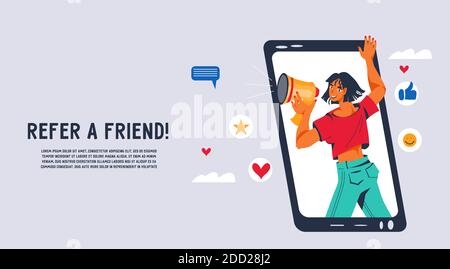 Segnala un amico marketing promozione sito web banner flat vettore illustrazione. Illustrazione Vettoriale