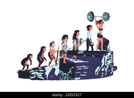 Donna evoluzione linea temporale vettore illustrazione cartone animato concetto sviluppo femminile processo da scimmia, erectus primate, Stone Age, contadino a moderna moda donna e fitness ragazza con barbell Illustrazione Vettoriale