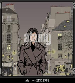 Donna che cammina in una strada a Parigi di notte - illustrazione vettoriale Illustrazione Vettoriale