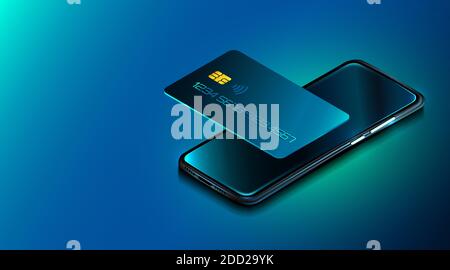 Telefono cellulare e carta di credito. Internet banking. Sicurezza dei pagamenti online. Protezione acquisti a pagamento wireless tramite smartphone. Tecnologia digitale. Illustrazione vettoriale Illustrazione Vettoriale