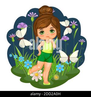 Una bambina carina in shorts e una T-shirt. Allegro bambino divertente di buon umore. Oggetto isolato su sfondo bianco. Bambino giovane. Cartoon piatto Illustrazione Vettoriale