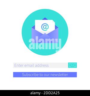 Iscriviti alla nostra newsletter Square web banner template. Busta aperta con nuova lettera. Mail marketing, registrazione per la consegna dei servizi di corrispondenza Illustrazione Vettoriale