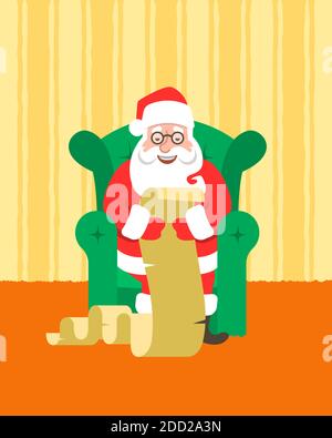 Babbo Natale si siede in una sedia accogliente a casa e legge Naughty o Nice Kids List. Illustrazione vettoriale cartoon. Divertente biglietto d'auguri di Natale. Carino carino Illustrazione Vettoriale