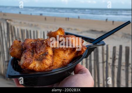 Pesce di strada olandese, filetto di merluzzo fritto con salsa all'aglio chiamato in Olanda kibbeling e mare del Nord spiaggia sullo sfondo in inverno Foto Stock