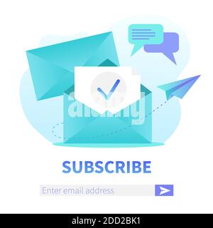 Iscriviti alla nostra newsletter Square web banner template. Busta aperta con nuova lettera. Mail marketing, registrazione per la consegna dei servizi di corrispondenza Illustrazione Vettoriale