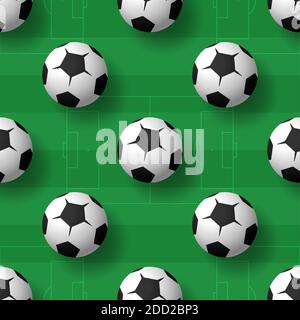 Palline da calcio senza cuciture pattern background. Un mucchio di classiche palle di calcio bianche e nere. Sfondo vettoriale realistico Illustrazione Vettoriale