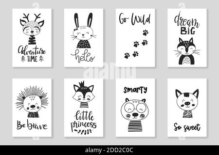 Set di graziosi animali monocromatici disegnati a mano in stile scandinavo con scritte ispiratrici. Modelli di illustrazione vettoriali per poster per vivai Illustrazione Vettoriale