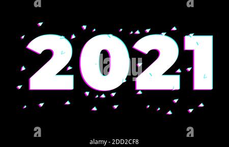 2021 Logo, Felice anno nuovo 2021 con effetto Glitch vettore stile per Poster, volantino, cartoncino, banner, titolo. Illustrazione Vettoriale