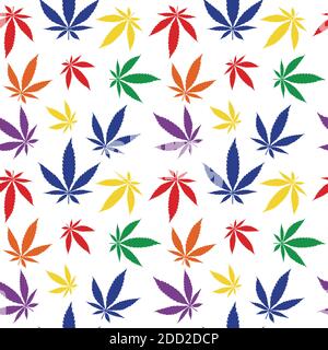 Motivo senza giunture a foglie di cannabis colorate. Immagine vettoriale stampa tessile. Illustrazione Vettoriale