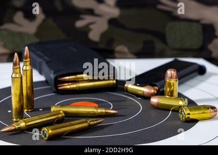 Riviste di fucile e pistola caricate con rotazioni sciolte di munizioni sparse su un bersaglio di carta con sfondo camuffato. Foto Stock