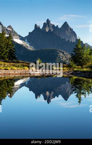 WA18456-00...WASHINGTON - la montagna Lemah si riflette in un piccolo tarn lungo il sentiero PCT vicino a Spectacle Point nella zona selvaggia dei laghi alpini. Foto Stock