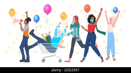 mix di donne di razza divertirsi con borse di shopping black friday big sale concetto di quarantena coronavirus piena lunghezza orizzontale illustrazione vettoriale Illustrazione Vettoriale