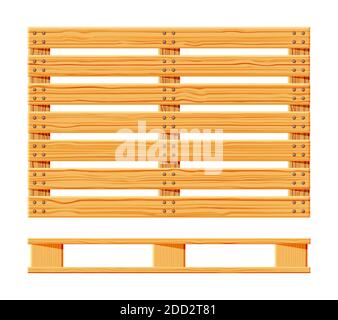 Icone di pallet in legno. Pallet in legno di cartone isolato su bianco. Vista dall'alto, vista frontale e laterale. Illustrazione vettoriale piatta. Illustrazione Vettoriale