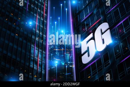 5G concettuale tecnologie informatiche moderne e futuristiche e illustrazione del background aziendale con grattacieli e logo 5G. Foto Stock