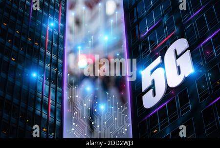 5G concettuale tecnologie informatiche moderne e futuristiche e illustrazione del background aziendale con grattacieli e logo 5G. Foto Stock