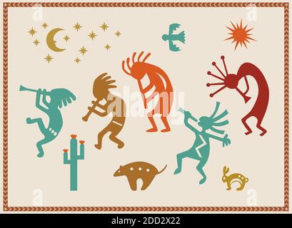 Icone e simboli nativi americani indiani a tema sud-ovest Illustrazione Vettoriale