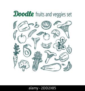 Set di doodle di frutta e verdura. Raccolta di alimenti con avocado, funghi, melanzane, carote, mela, arancia e altri prodotti alimentari vegetariani Illustrazione Vettoriale