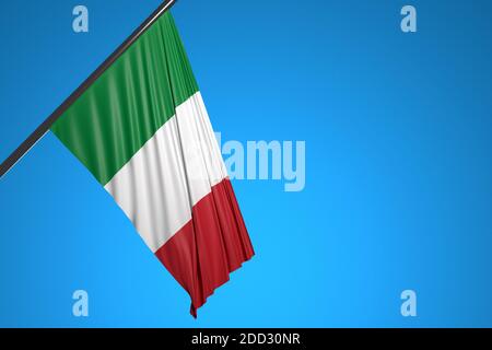 Illustrazione in 3D della bandiera nazionale italiana su un flagpole in metallo che si batte contro il cielo blu.simbolo del paese. Foto Stock