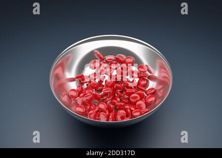 illustrazione 3d di piccoli piatti di vetro con gengive rosse su sfondo grigio. Una delizia per i bambini caramelle. Foto Stock