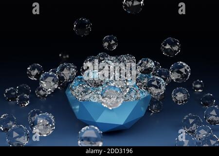 Illustrazione 3D di un piatto grande con palline trasparenti con molti volti, cristalli sparsi in direzioni diverse su uno sfondo nero Foto Stock