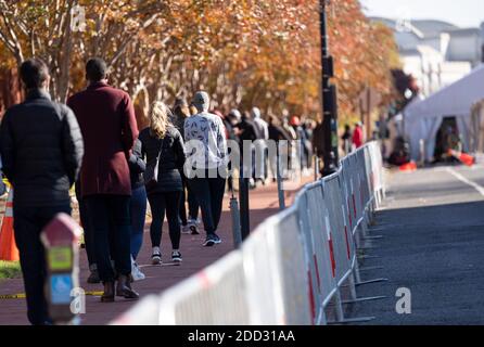 Washington, Stati Uniti. 24 Nov 2020. La gente aspetta in linea per ottenere testato per COVID-19 ad un luogo di prova a Washington, DC, gli Stati Uniti, 23 novembre 2020. Totale confermato COVID-19 casi negli Stati Uniti hanno raggiunto 12,417,009, secondo l'ultimo aggiornamento del Centro per la scienza e l'ingegneria dei sistemi presso la Johns Hopkins University al 0500 GMT, novembre 24. Credit: Liu Jie/Xinhua/Alamy Live News Foto Stock