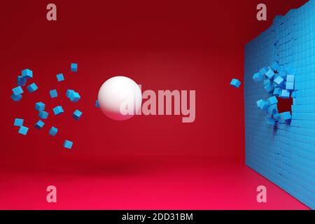 illustrazione 3d di una grande sfera bianca che si stese da una parete di cubi blu. Background della geometria tecnologica. Palla volante e cubi Foto Stock