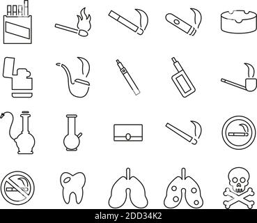 Icone di dipendenza da fumo e fumo linea sottile bianca e nera Imposta grande Illustrazione Vettoriale