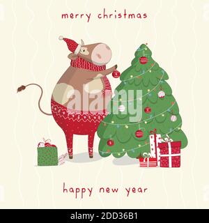 Carino vettore toro decorare l'albero di Natale con toys.New Year e biglietti di auguri di Natale. Striscioni, poster, adesivi, stampe e decorazioni per interni Illustrazione Vettoriale