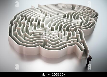 Uomo d'affari in piedi all'ingresso del labirinto a forma di cervello illustrazione 3D. Foto Stock