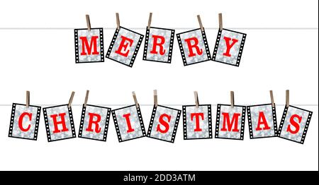 BUON NATALE - le scritte sulle filmstrips appendono su un guinzaglio - isolato su sfondo bianco - illustrazione 3D Foto Stock