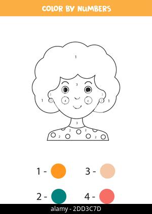 Colore carino cartone animato ragazza faccia per numeri. Gioco di matematica educativa per bambini. Illustrazione Vettoriale