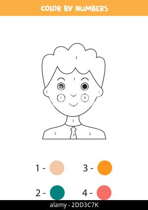 Colorazione pagina per numeri con il ragazzo cartoon. Gioco di matematica educativa per bambini. Illustrazione Vettoriale