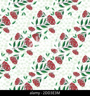 Garlands vettoriali di bacche e foglie di cotoneaster. Sfondo con motivo rosso, bianco e verde senza cuciture. Sfondo con file diagonali di frutta disegnata a mano e. Illustrazione Vettoriale