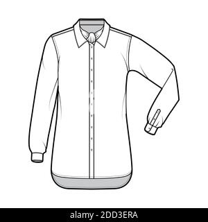 Camicia ascot striscia tecnica moda illustrazione con archetto di cravatta, manica lunga pieghevole a gomito, oversize, bottoni-down, colletto regolare. Parte anteriore della dima piatta, colore bianco. Donna uomo unisex top CAD mockup Illustrazione Vettoriale