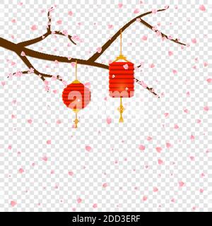 Ciuffi di fiori di ciliegio sakura Fall e lanterne cinesi di Capodanno in carta taglio stile artistico rotondo e forma cilindrica. Decorazioni asiatiche per il Mid Illustrazione Vettoriale