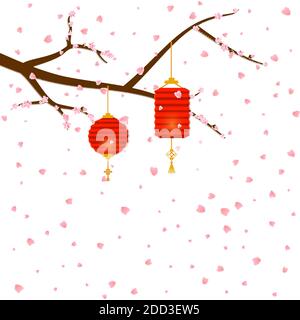 Ciuffi di fiori di ciliegio sakura Fall e lanterne cinesi di Capodanno in carta taglio stile artistico rotondo e forma cilindrica. Decorazioni asiatiche per il Mid Illustrazione Vettoriale