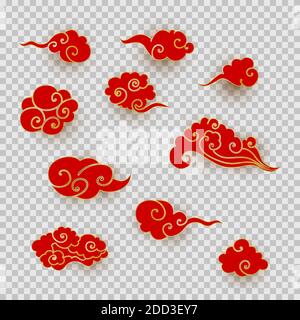 Collezione di nuvole rosse asiatiche. Set di nubi cartoni animati tagliati in stile cinese tradizionale. Illustrazione vettoriale degli elementi di progettazione per il branding Illustrazione Vettoriale