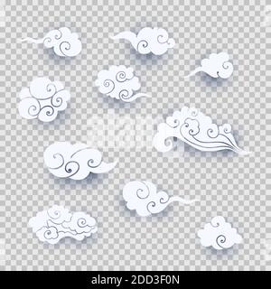 Collezione di nuvole asiatiche bianche. Set di nubi cartoni animati tagliati in stile cinese tradizionale. Illustrazione vettoriale degli elementi di progettazione per il branding Illustrazione Vettoriale