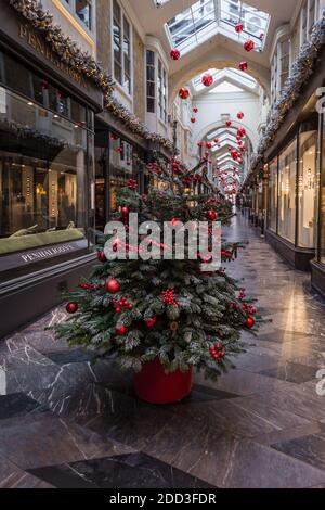 Alberi di Natale in Burlington Arcade a Mayfair, Londra Foto Stock