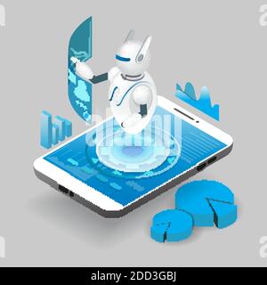 Robot ai isometrico sullo schermo dello smartphone, illustrazione vettoriale. Intelligenza artificiale, app per telefono cellulare chatbot. Illustrazione Vettoriale